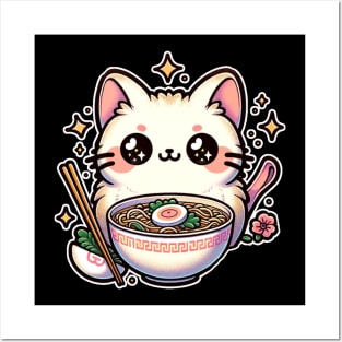 kawaii vintage style japanese ramen cat Posters and Art